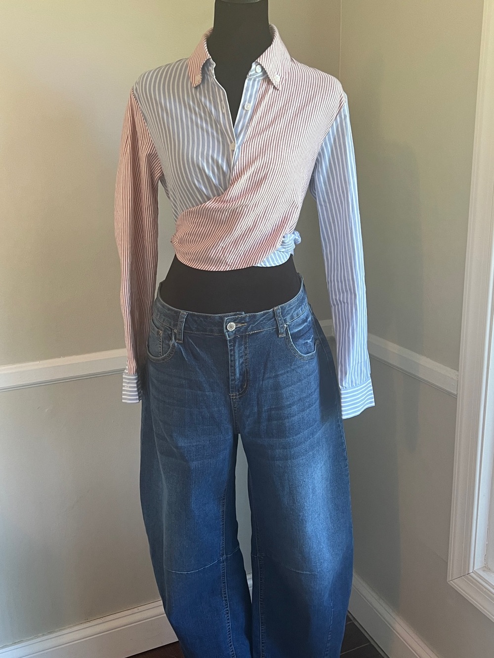 Anthropologie Striped Wrap Crop Shirt in Blue and Red